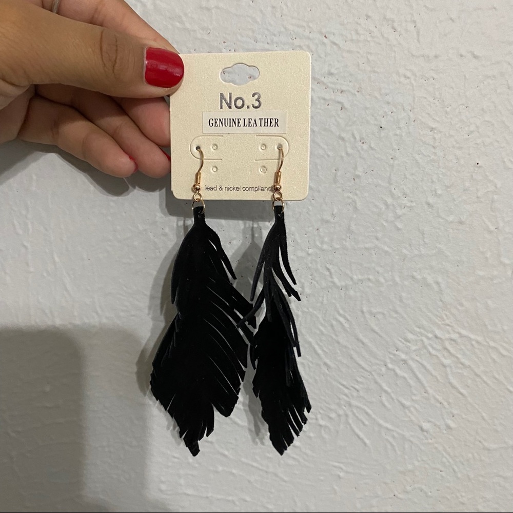 Black Suede Leather Feather Earrings